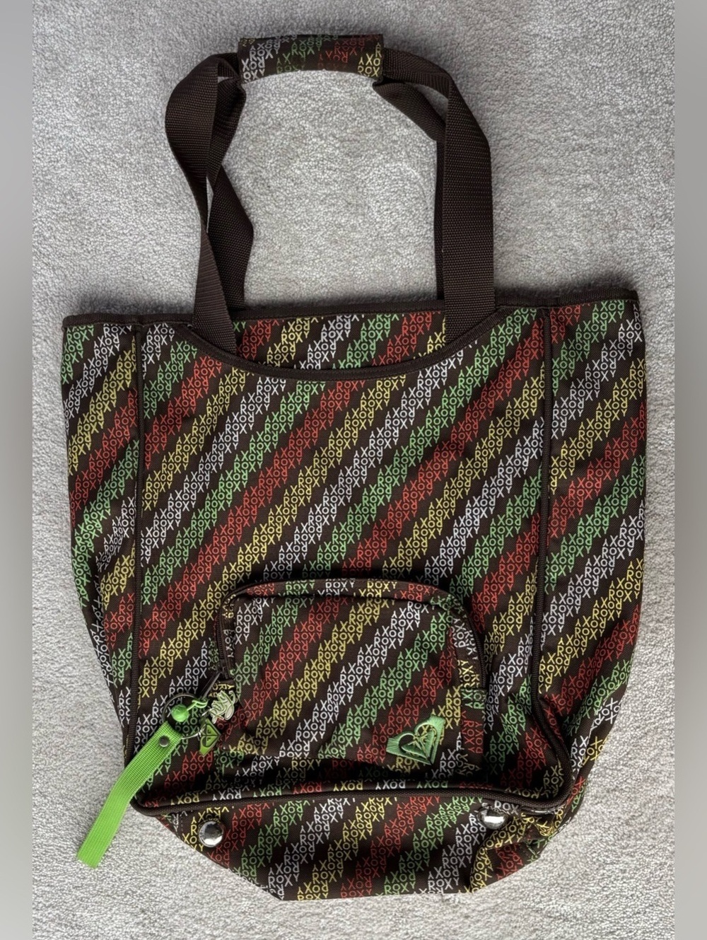Roxy Tote Brown with Green, Red & Yellow Logo Print and Keychain